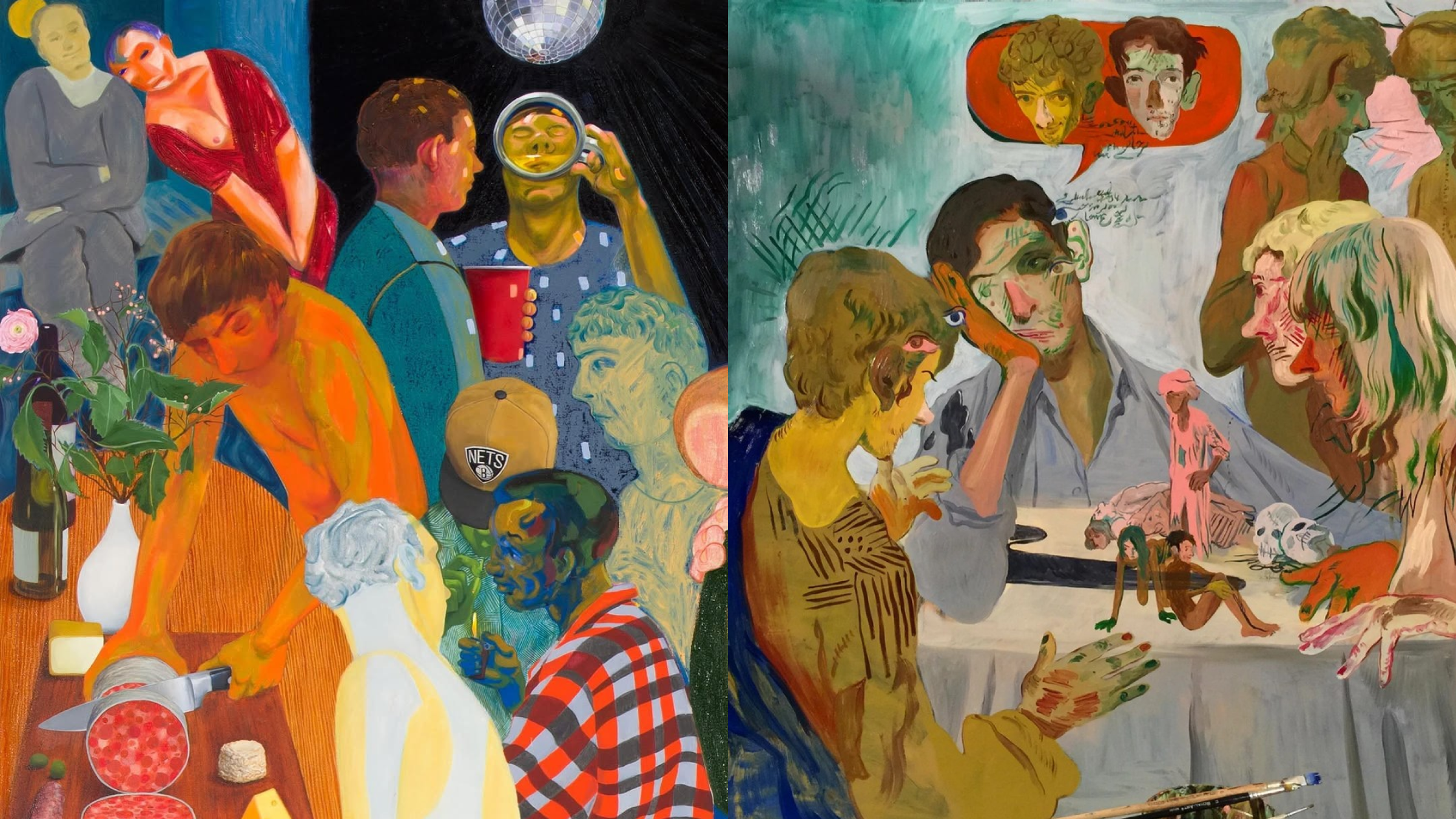 A collage of two vivid figurative paintings of crowded social scenes