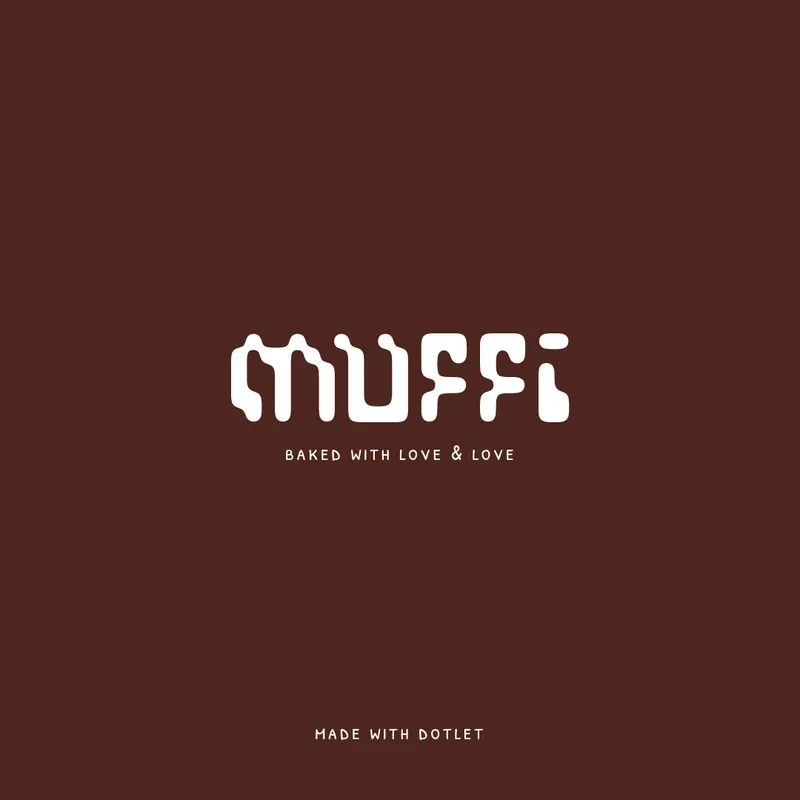 The Muffi wordmark in white on deep brown, with the line 'baked with love & love'.