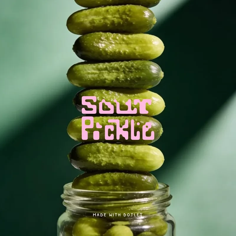 The Sour Pickle wordmark in pink over a photograph of gherkins stacked above an open jar.