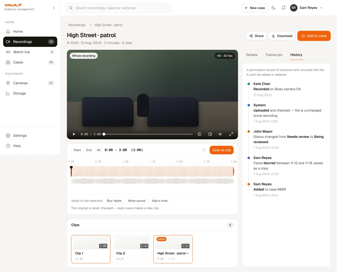 The History tab: a permanent record listing who recorded, uploaded, changed status, blurred faces and added the file to a case, each with a timestamp.