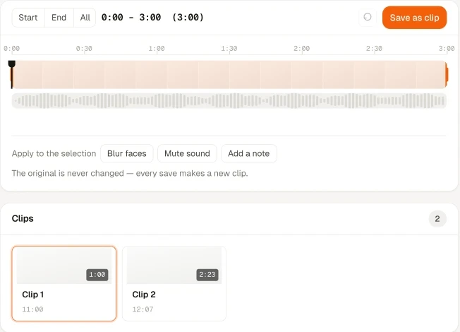 The editing timeline: selection range readout, scrubber with waveform, Blur faces, Mute sound and Add a note controls, the line stating the original is never changed, and the resulting clips below.