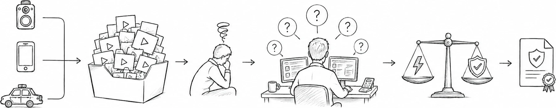 Sketch strip: cameras, phones and patrol cars feed a box overflowing with video files, which overwhelms one person, then reaches a supervisor at a desk surrounded by questions, weighed on a scale between speed and safeguarding, ending in a certified document.
