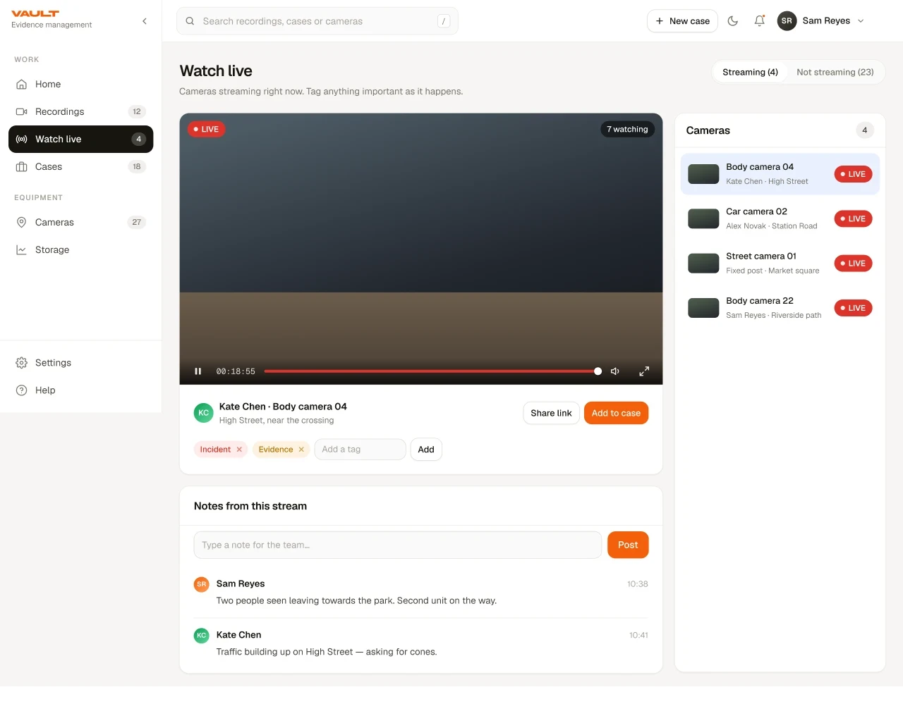 Watch live: a streaming player with a LIVE badge, the officer and location, removable Incident and Evidence tags, a team notes thread, and a rail of currently streaming cameras.