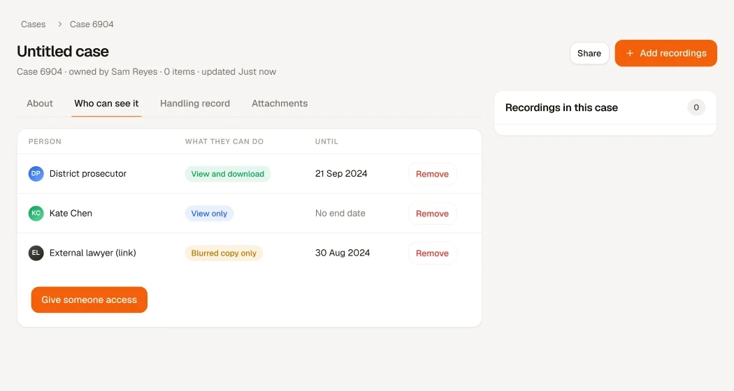 Case sharing: a table of who can see the case, what each recipient can do — view and download, view only, blurred copy only — and an expiry date, with Remove on every row.