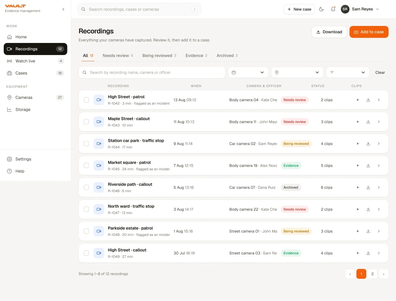 Vault Recordings list: status tabs across the top, a filter row, then rows showing recording name, time, camera and officer, a status pill and clip count.